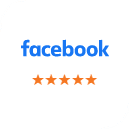 Facebook logo with five orange stars indicating a positive customer review rating