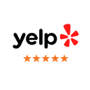 Yelp logo with five gold stars indicating excellent customer ratings for Moorhead Dental Associates.